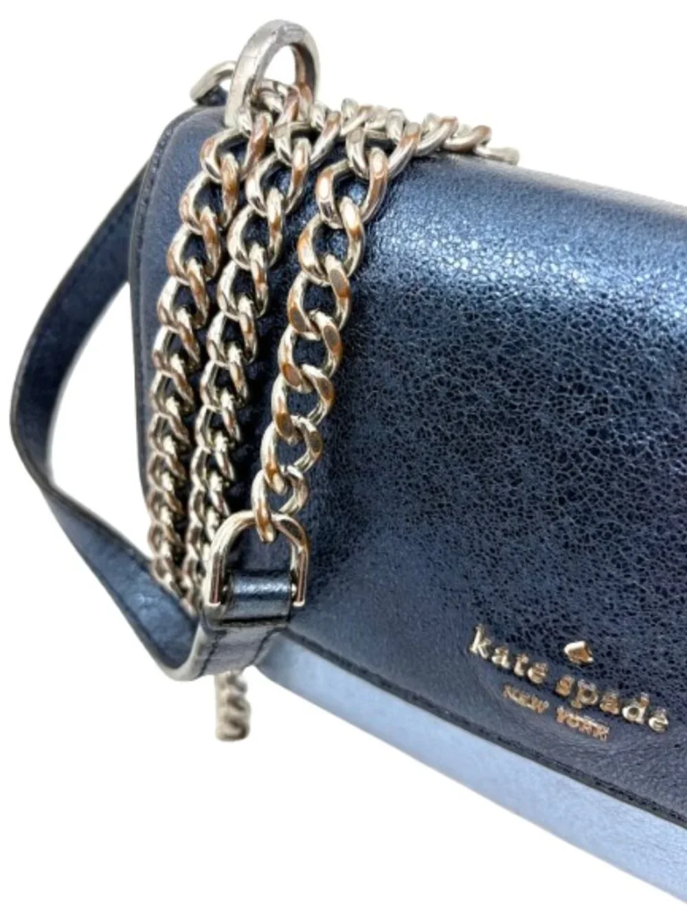 KATE SPADE~Remi Tricolor Metallic Leather Flap Chain Crossbody Bag~NAVY ICY BLUE